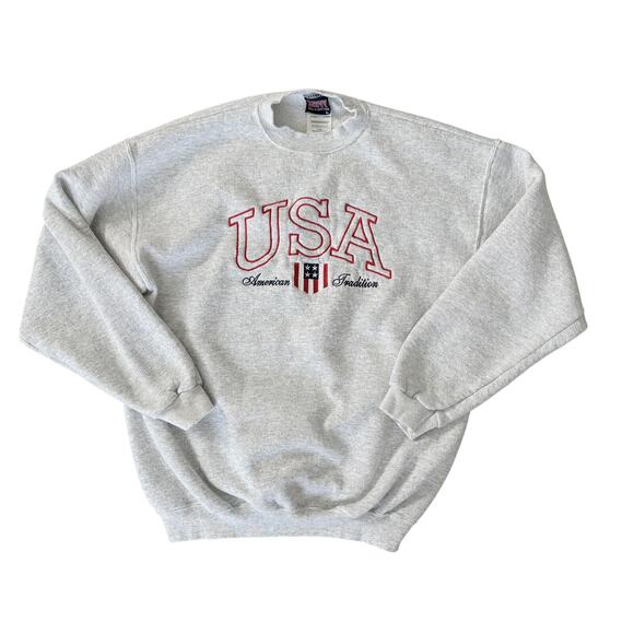 Vintage 90s USA Sweatshirt Gray Embroidered Logo Crewneck Unisex Streetwear L - Picture 1 of 8